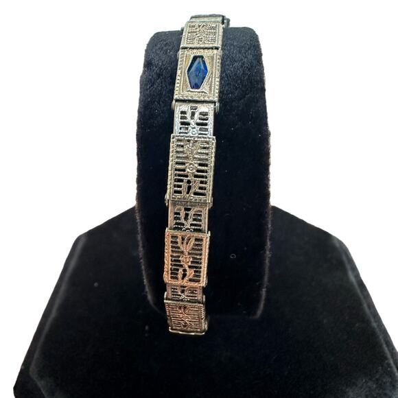 Vintage 1920s Glycine Platinum Diamond & Sapphire Watch - Sterling Silver Band main image 9